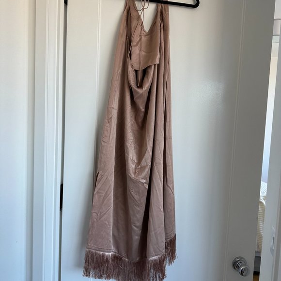 NWOT Lunya Washable Silk Slip Dress Strappy Fringe Side Slits Otium Tan Sz Large - Picture 7 of 8